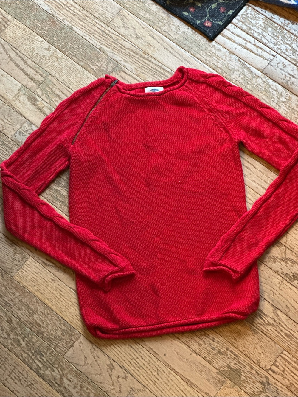 Old Navy Bright Red Crewneck Sweater with Angled Shoulder Zip